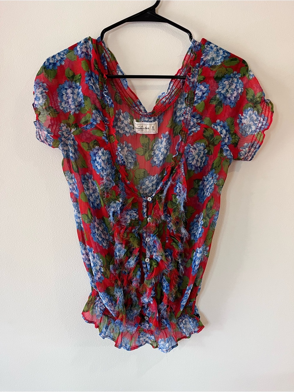 Abercrombie & Fitch Red Sheer Floral Ruffle Button-Up Blouse